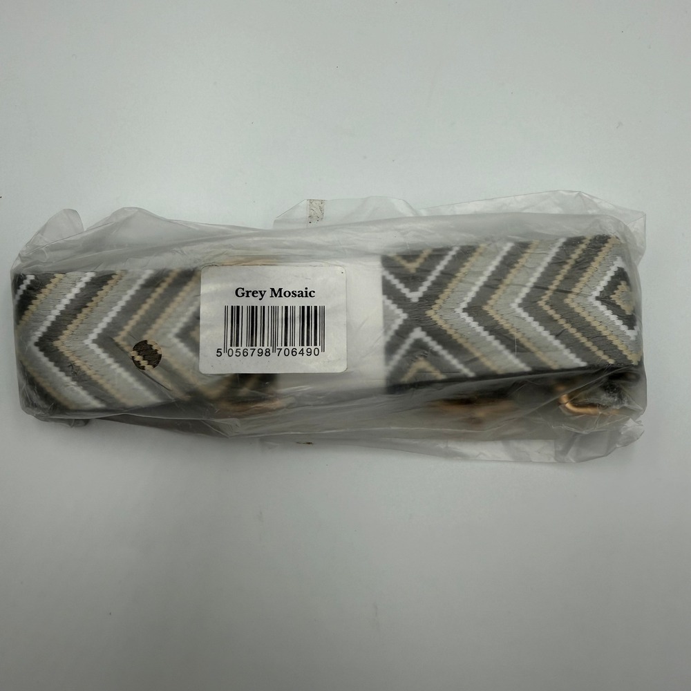 Pom Pom London Bag Strap Grey Mosaic Chevron Stone Black Gold Hardware NEW